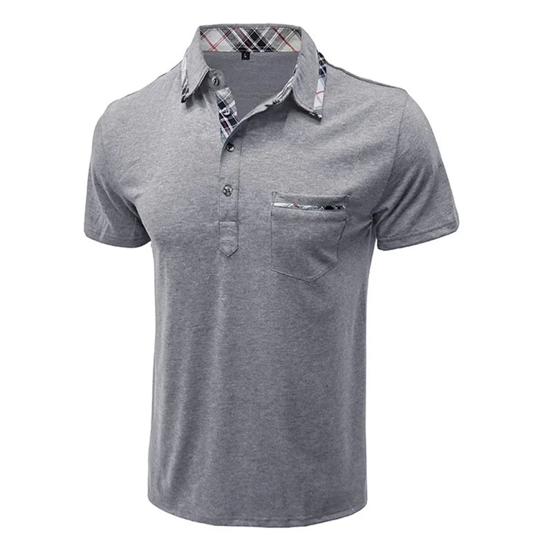 Men Short Sleeve T-Shirts Contrast Plaid Turn-Down Collar Buttons Business Casual Tops Summer Fashion  Fit Shirts