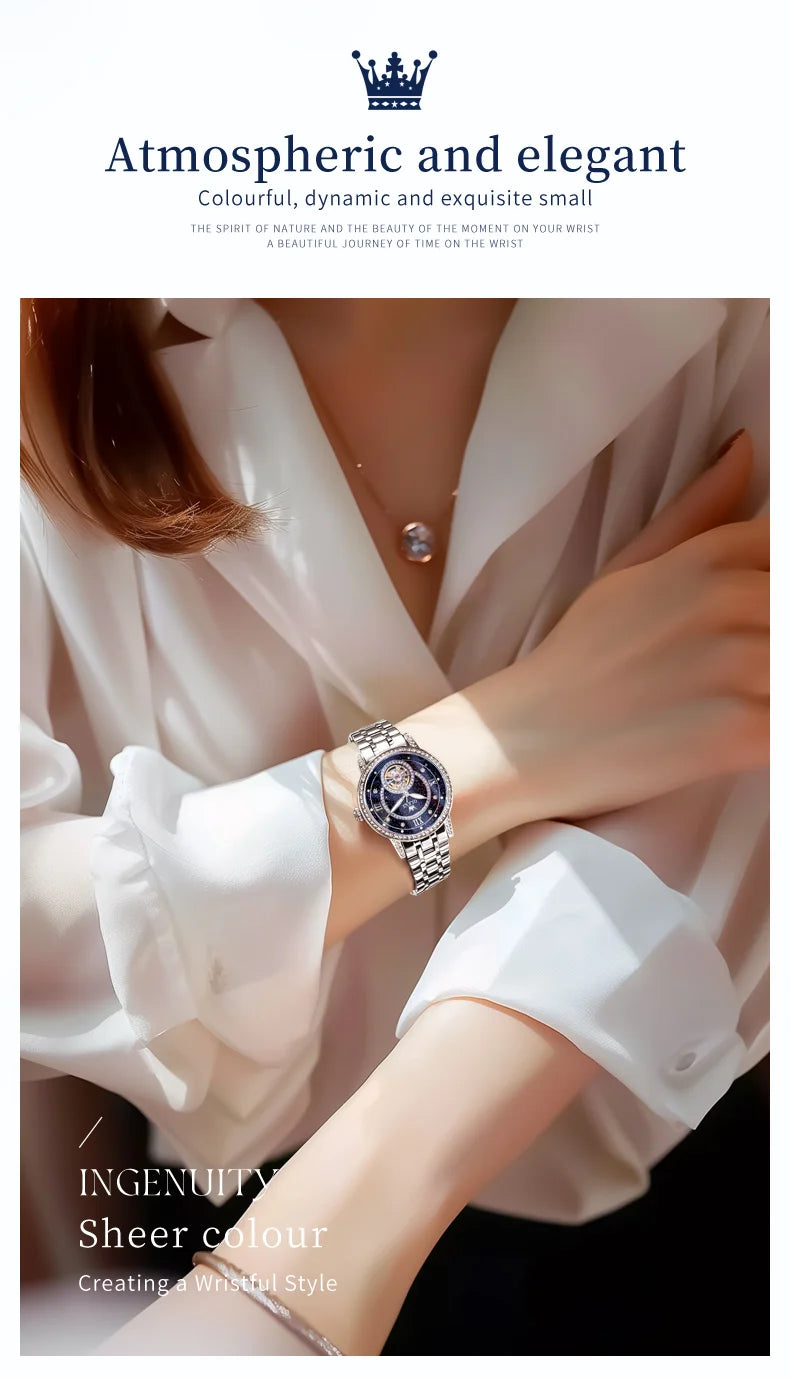 OLEVS 7036 Hollow Original Mechanical Watch For Women Diamond Luxury Automatic Hand Clock Waterproof Elegant Woman Dress Watches