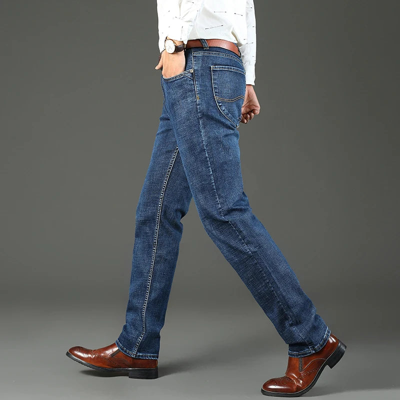 New Spring Autumn Men Classic Jeans Business Fashion Straight Regular Blue Stretch Denim Trousers Men's Smart Jeans