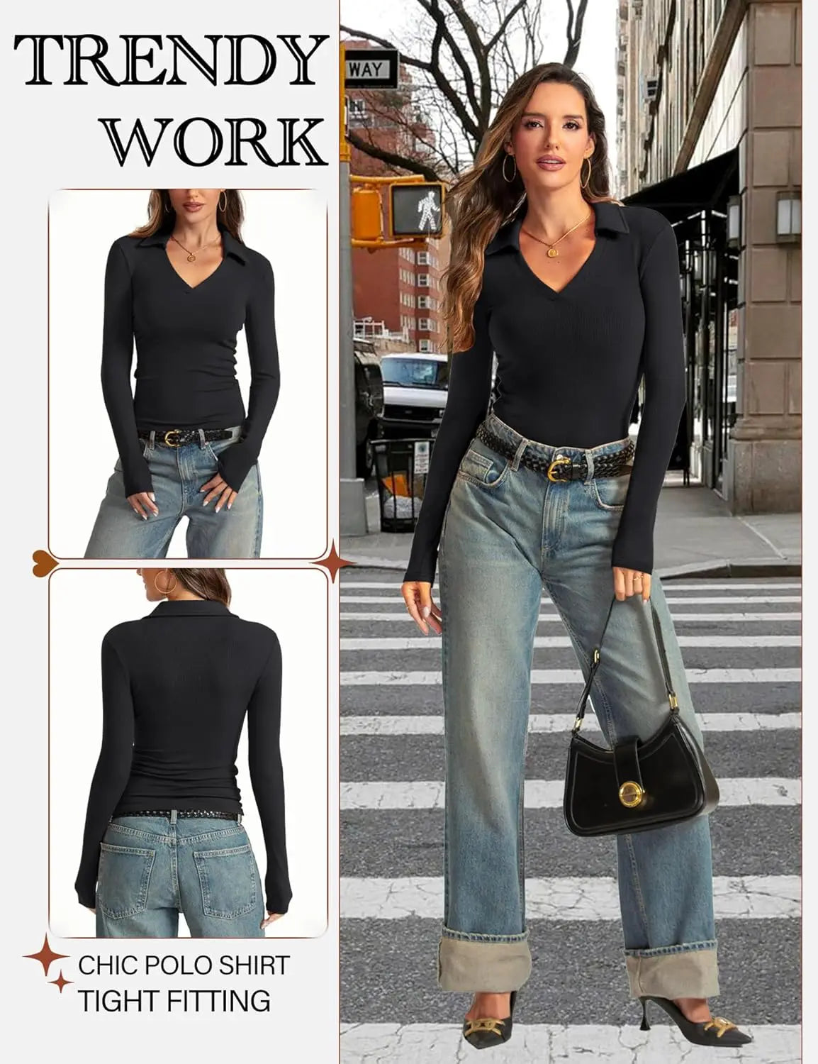 Womens Long Sleeve V Neck Polo Shirts Business Casual Collared Work Top Slim Fitted Basic 2024 Fall Shirt