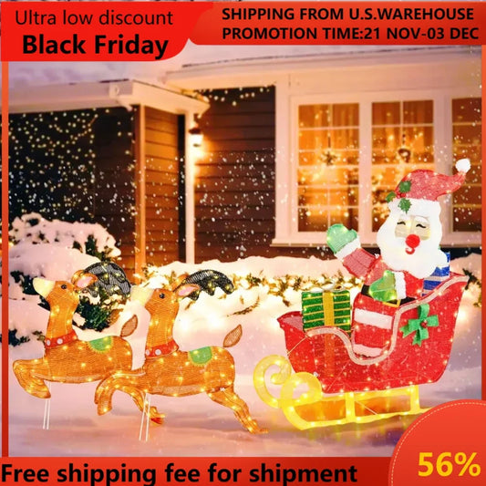 5 FT Christmas Lighted Reindeers with Santa Claus Sleigh, Outdoor Light-up Xmas Decoration Set with 239 LED Lights, 12