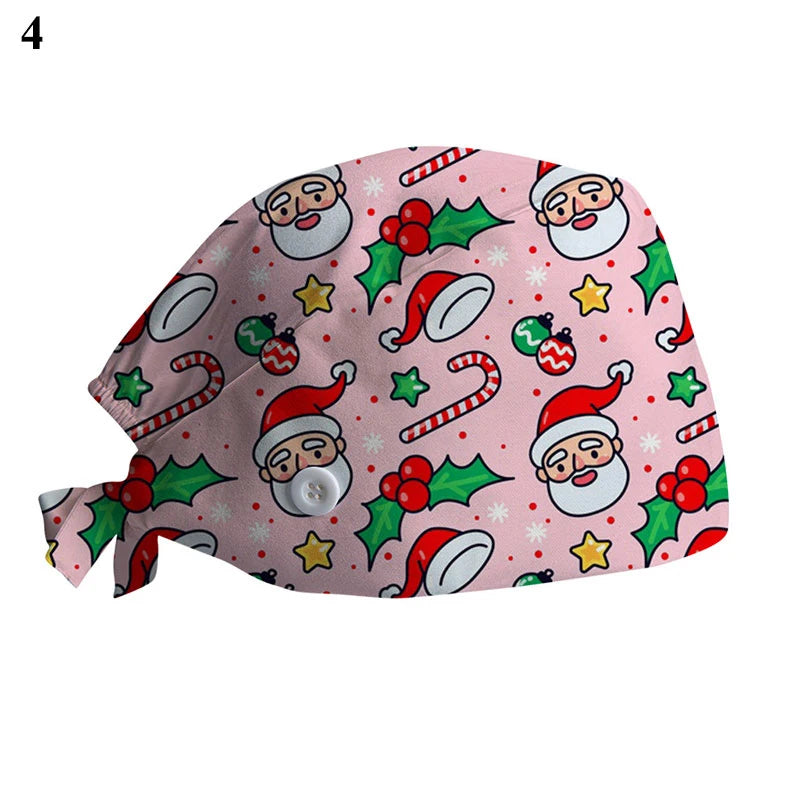 New Christmas Scrubs Caps Santa Claus Print Cap Pet Grooming Agency Work Scrubs Hat Beauty Work Hats Lab Nursing Cap