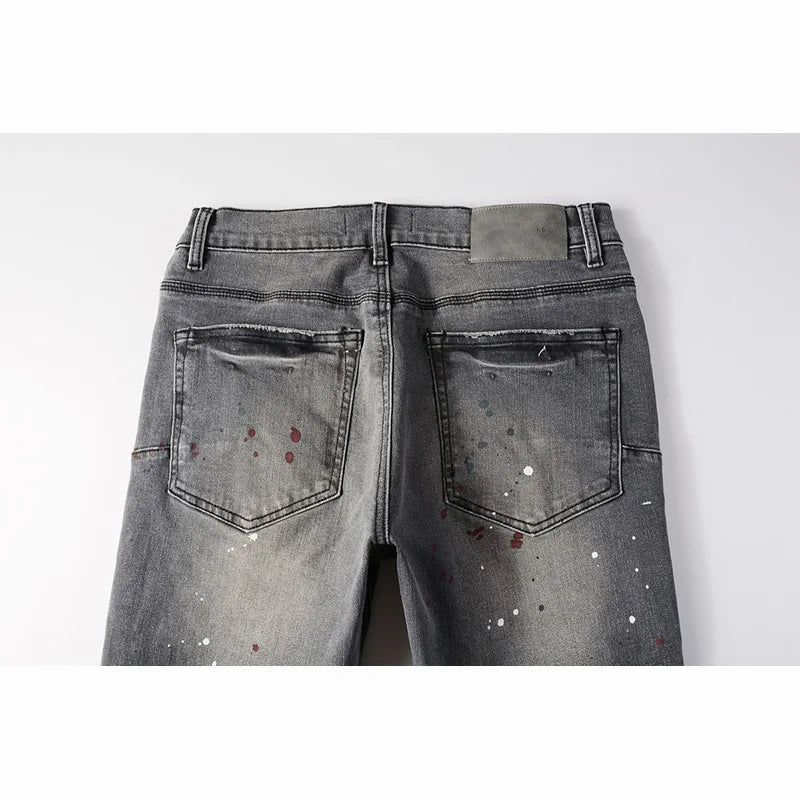 Men's Distressed Light Gray Skinny Americans High Street Style Graffiti Slim Fit Ripped Holes Jeans