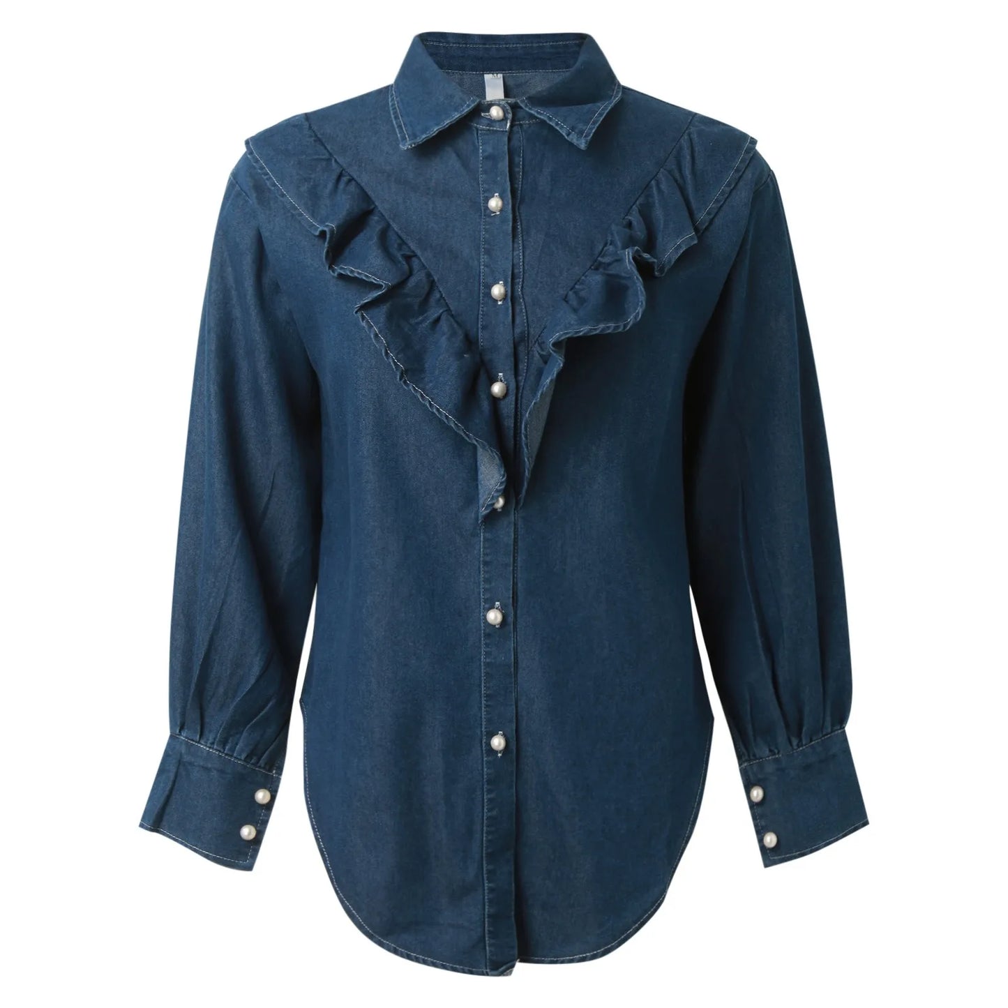 Women's Korean Style Ruffles Neck Denim Shirt Vintage Deep Blue Loose Double Pocket Long Sleeved Versatile Casual Coat Shirt