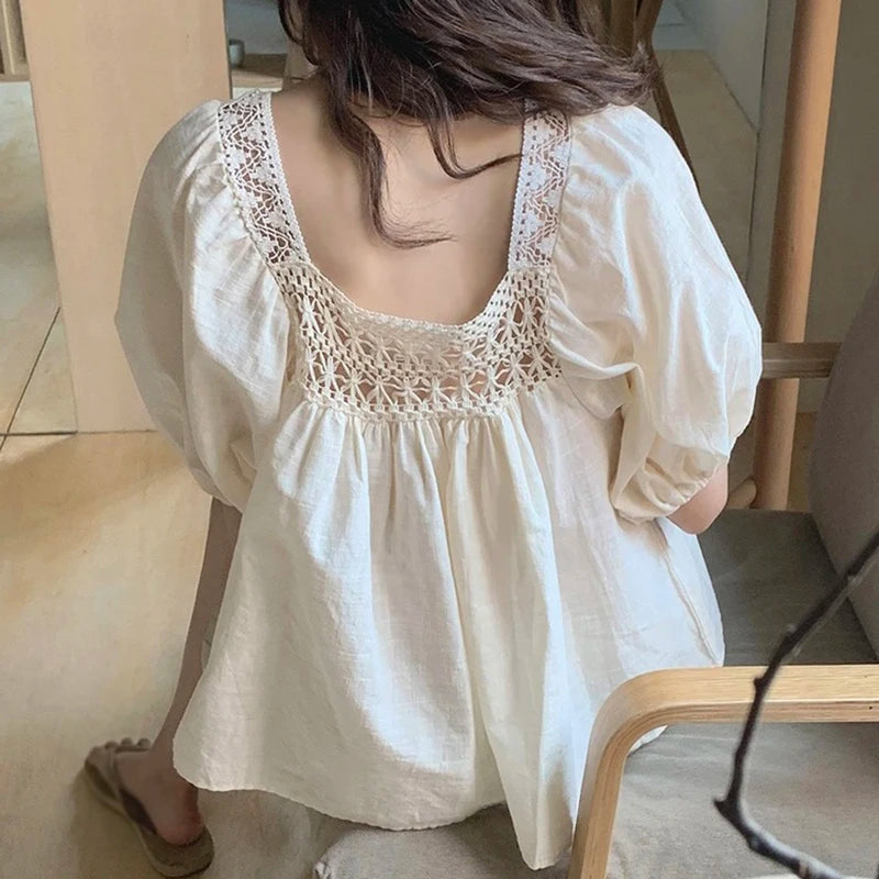 Women's Doll Shirt shirt Sweet Shirt Solid Color Square Collar Temperament Bubble Sleeves Cotton Hollow Out Design Sense