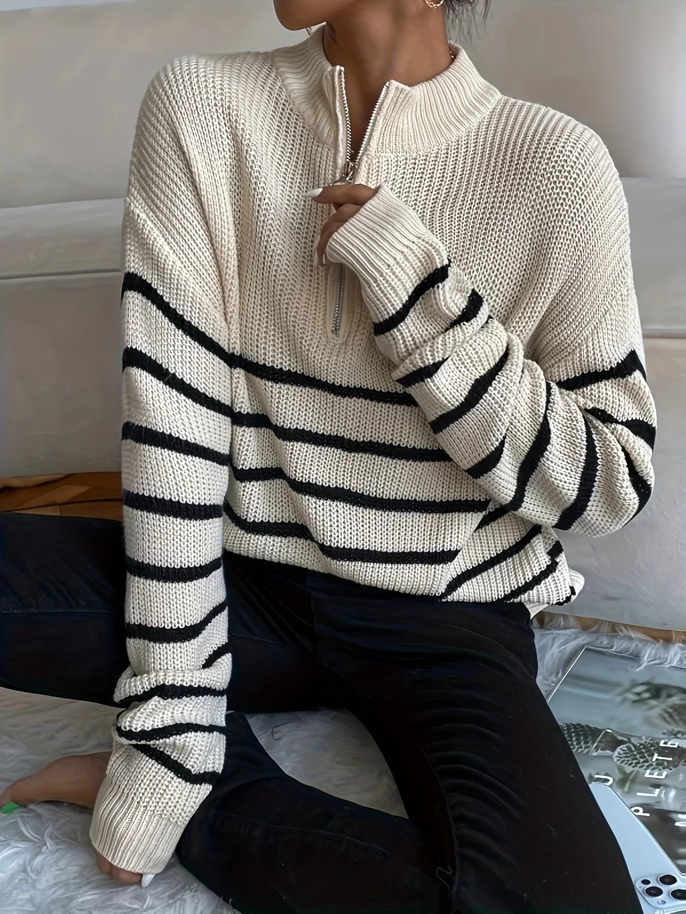 Plus Size Women's Autumn Fashion Striped Knitted Sweater with Lapel Long Sleeved Zipper Sweater Commuting Casual Holiday Top