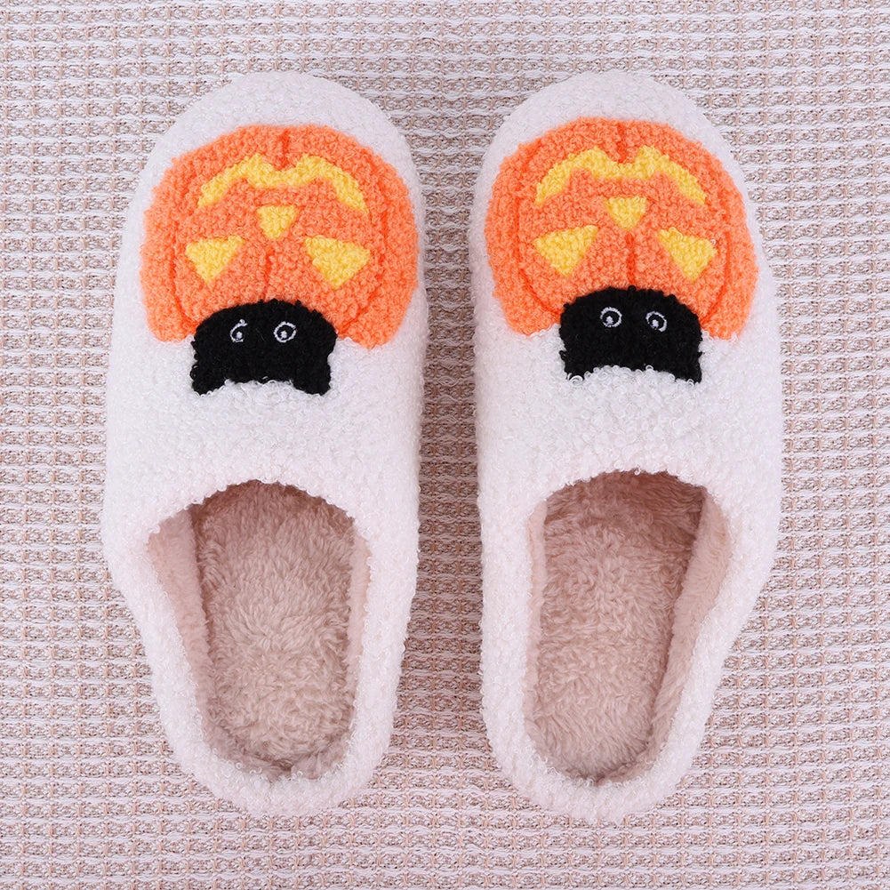 Men Women Slippers Cute Halloween Pumpkin Cat Casual Slippers for Winter Indoor Thermal Shoes Anti Slip Fluffy Footwear Slides