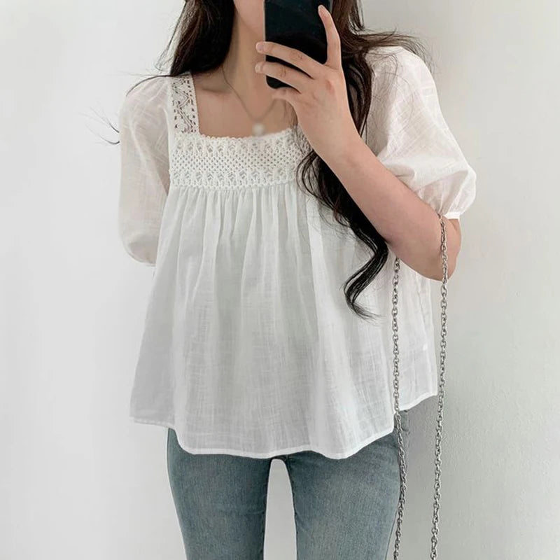 Women's Doll Shirt shirt Sweet Shirt Solid Color Square Collar Temperament Bubble Sleeves Cotton Hollow Out Design Sense