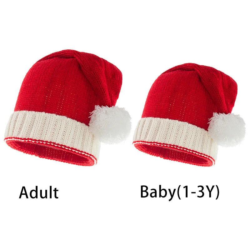 Parent-Child Christmas Hat Big Pompom Mother Kids Knit Beanie Cap Winter Warm Infant Bonnet Girls Boy Xmas Baby Accessories 1PC