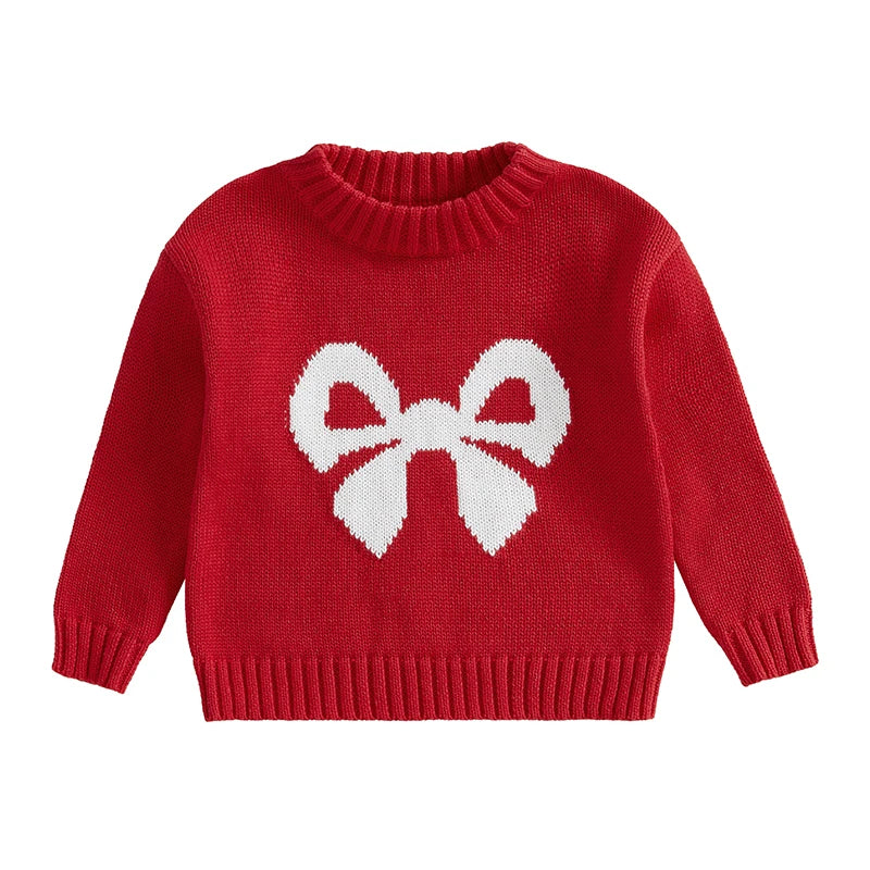 Girls Ribbed Knitted Sweater with Bow Pattern Long Sleeve Round Neck Pullover for Little Ones