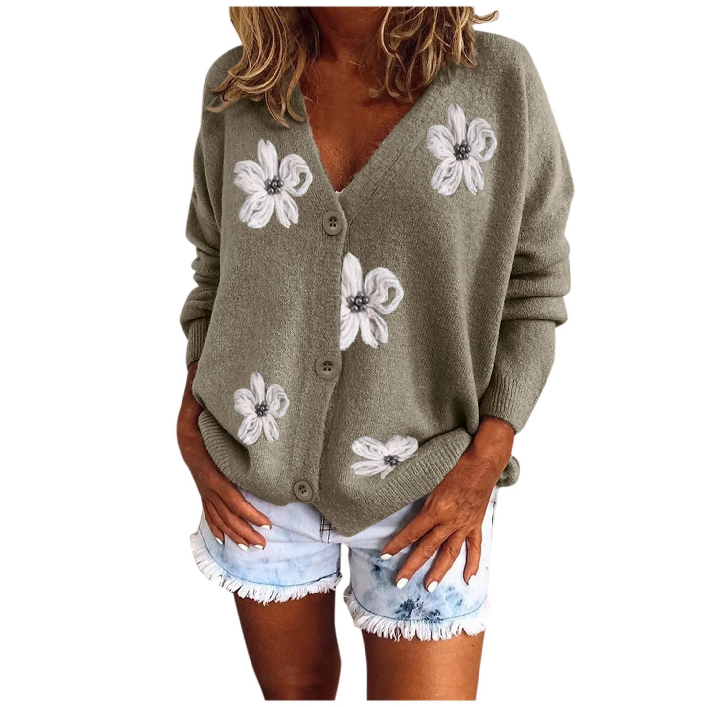 Women's Floral Embroidered Knit Sweater Cardigan Slim V-Neck Long Sleeve Sweater Cardigans Button Down Knitted Sweater Blouse