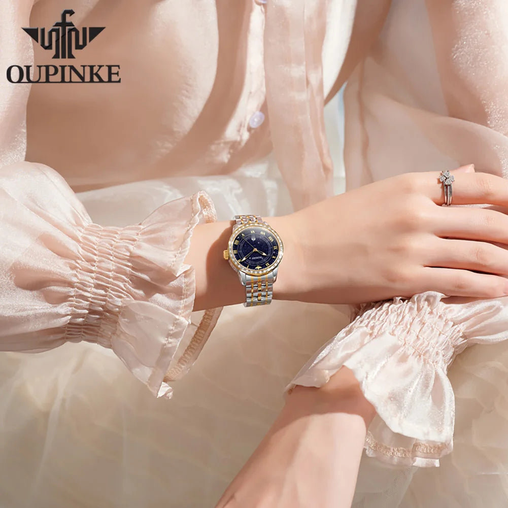 OUPINKE Top Luxury Brand Women's Watches Calendar Automatic Mechanical Watch Starry Sky Dial Romantic Gift Female Wristwatch