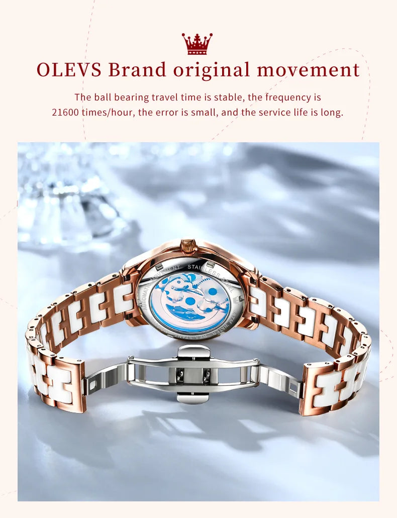 OLEVS Automatic Mechanical Watch for Women Colorful Fritillary Butterflies Luxury Elegant Ceramics Watchband Ladies Wristwatches