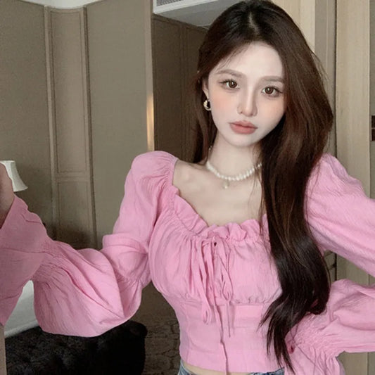 Women's Blouse Puff Sleeves Shirt Lace Up Square Neck Slim Sexy Spring Autumn Solid Color Crop Top Sweet Vintage Casual