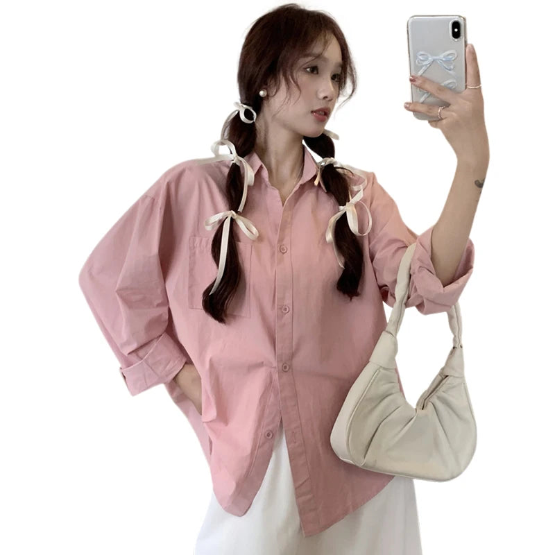 Women's Sweet Loose Long Sleeve Chiffon Blouse Solid Color Summer Urban Casual Lapel Shirt Girly Versatile Tops