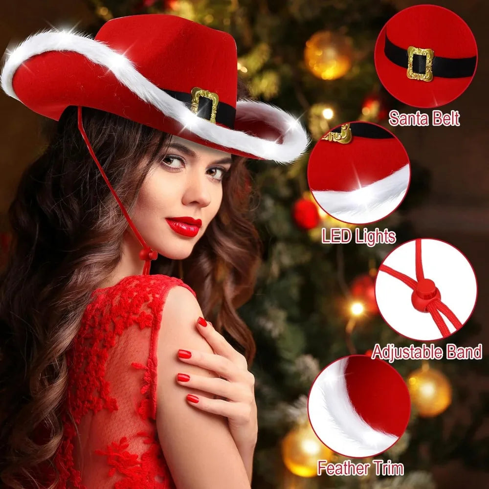 Suhine Christmas Cowboy Hats Santa Claus Light up Hats LED Lights Cowgirl Hats Bulk for Xmas Party Western Costume Accessory