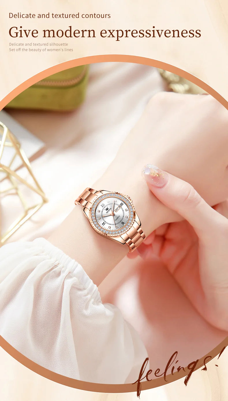 OLEVS Top Original Diamond Quartz Watch for Women Stainless Steel Waterproof Luminous Dual Calendar Luxury Women's Wristwatches