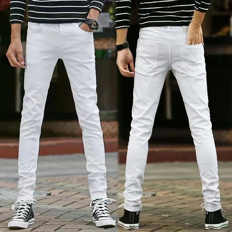 Fashion Mens Slim Fit Denim Pencil Pants High Quality Black White Skinny Stretch Jeans Mens High Street Jeans Four Season