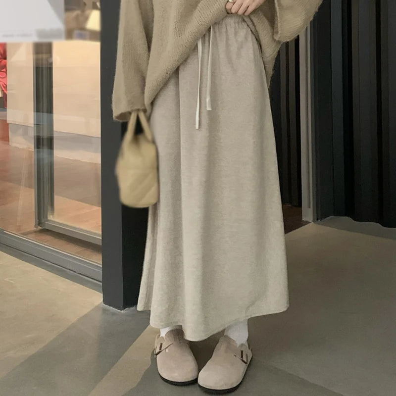 Women's Skirt Solid Colour Long Skirt Elastic Drawstring Spring Autumn