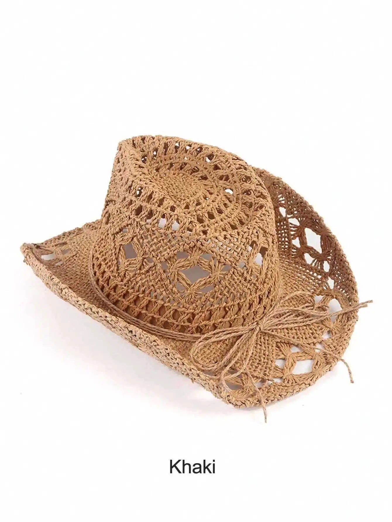 1pc Straw Cowboy Hat Women Men Western Cowboy Hats Wide Brim Hollow Breathable Unisex Sun Beach Hat