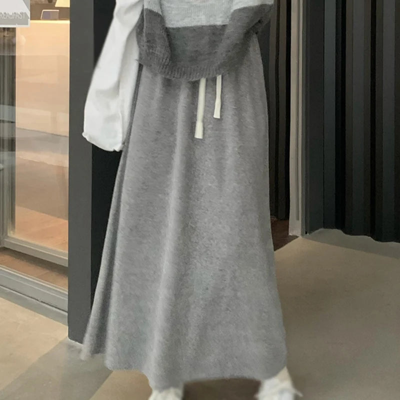 Women's Skirt Solid Colour Long Skirt Elastic Drawstring Spring Autumn