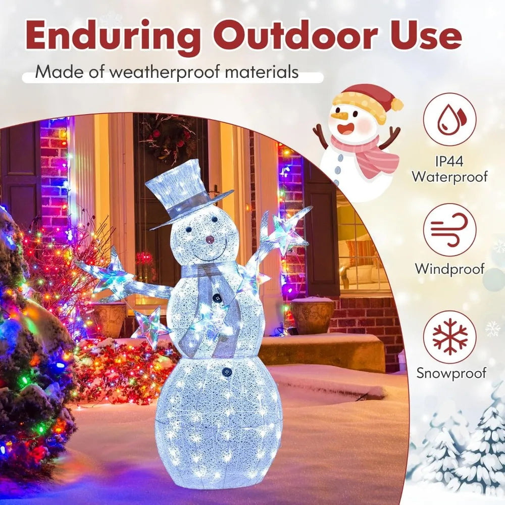 5 FT Christmas Lighted Snowman with Stars, Lighted Christmas Decoration with 140 Cold White LED Bulbs, Ground Stakes &