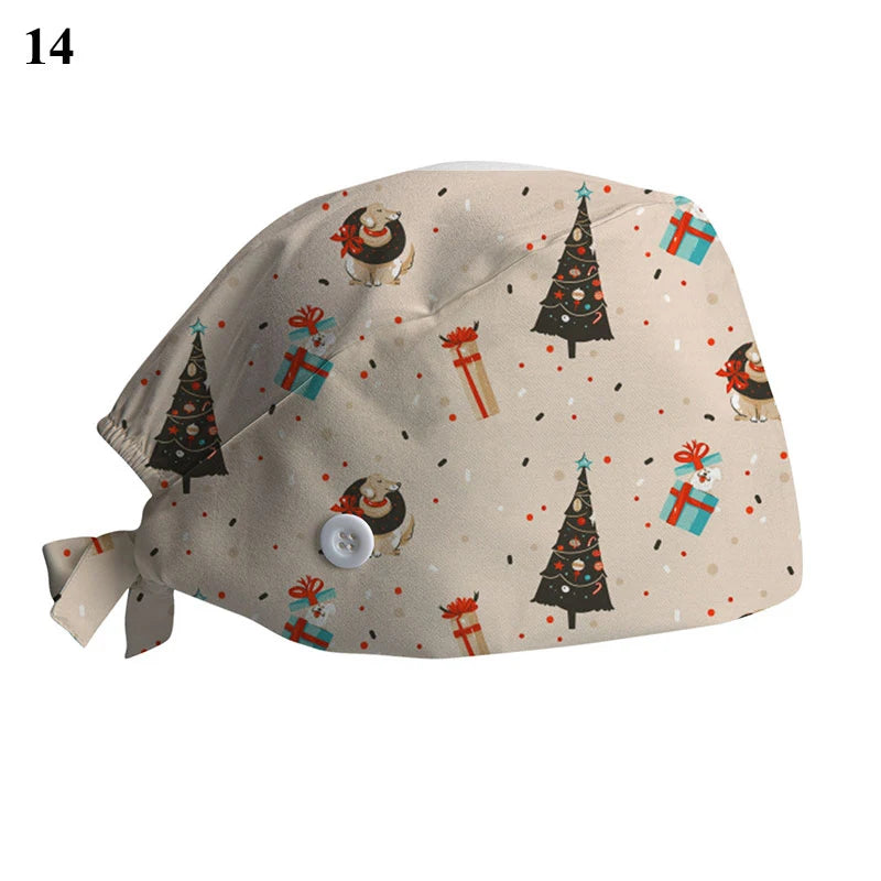 New Christmas Scrubs Caps Santa Claus Print Cap Pet Grooming Agency Work Scrubs Hat Beauty Work Hats Lab Nursing Cap