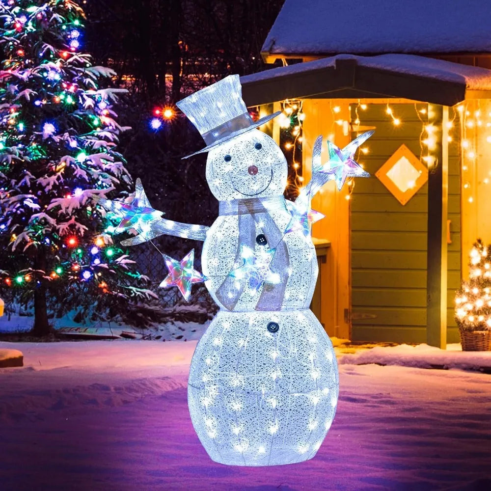 5 FT Christmas Lighted Snowman with Stars, Lighted Christmas Decoration with 140 Cold White LED Bulbs, Ground Stakes &