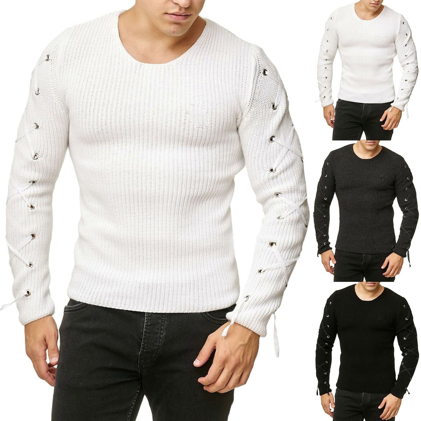 Metal Hole Sleeve Men's Pullover Sweater O Neck Knitted Solid Casual Men's Clothing Sweaters Male Jumper Streetwear Pullover