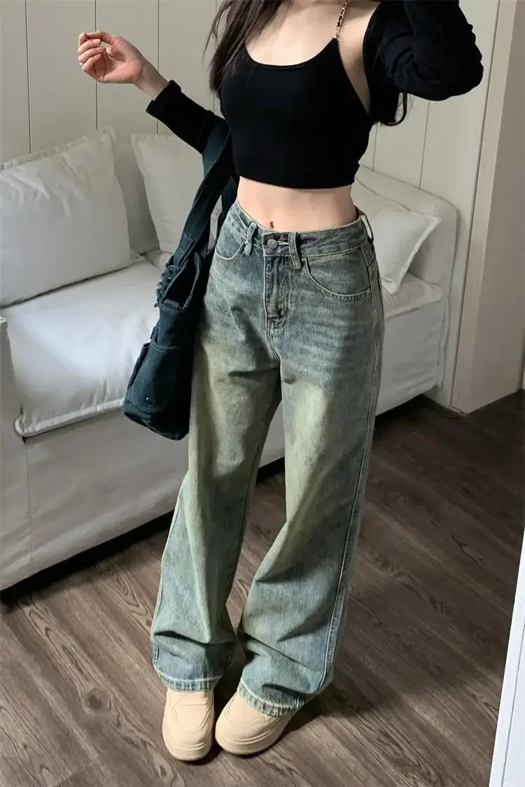 Vintage High-waisted Slimming Jeans American Style Casual Bell Bottoms Versatile Straight-leg Long Pants For Women