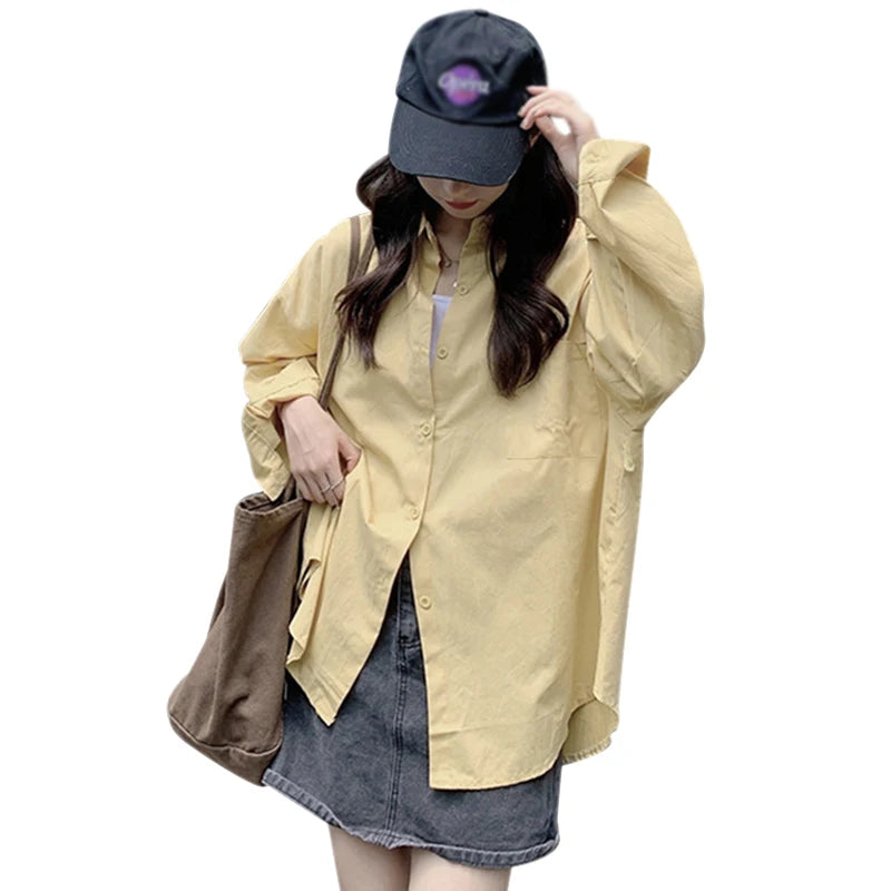 Women's Sweet Loose Long Sleeve Chiffon Blouse Solid Color Summer Urban Casual Lapel Shirt Girly Versatile Tops