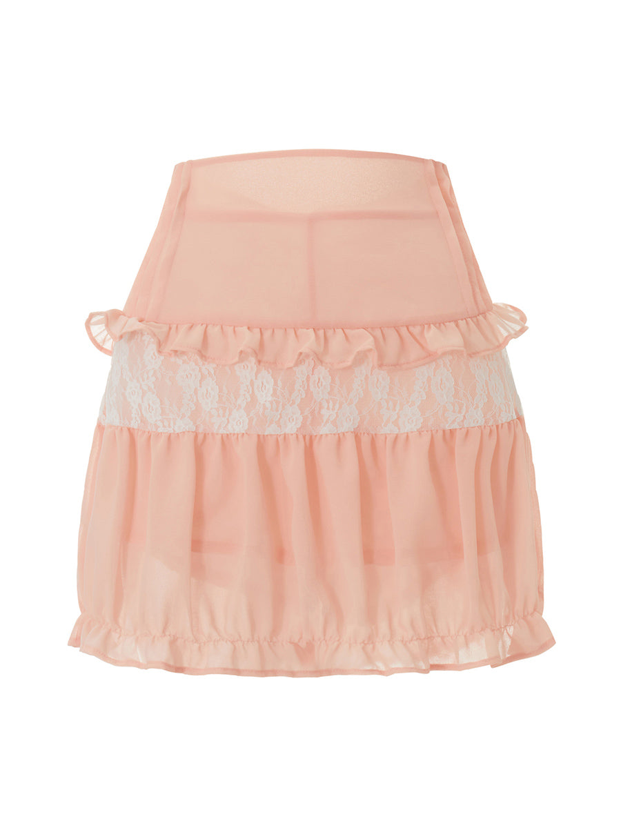 Women s Summer Mini Skirts Cute High Waist Lace Patchwork Ruffle Hem A-Line Skirts