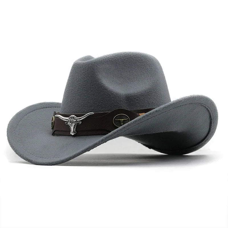 Western Cowboy Hat 4 Sizes Black Woolen Jazz Top Hat Men Ethnic Style Cow Head Ribbon Felt Cap Women Children Riding Fedora Hat