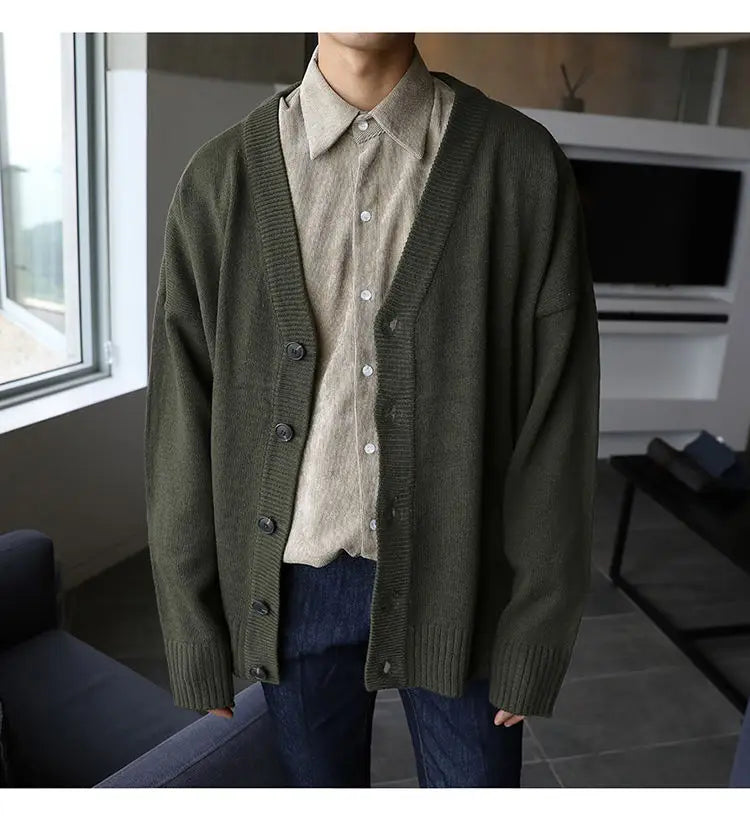 New Men's Clothing V-neck Single-breasted Men's Wear Knitted Sweater Loose Solid Color Knitted Cardigan Coat  Autumn