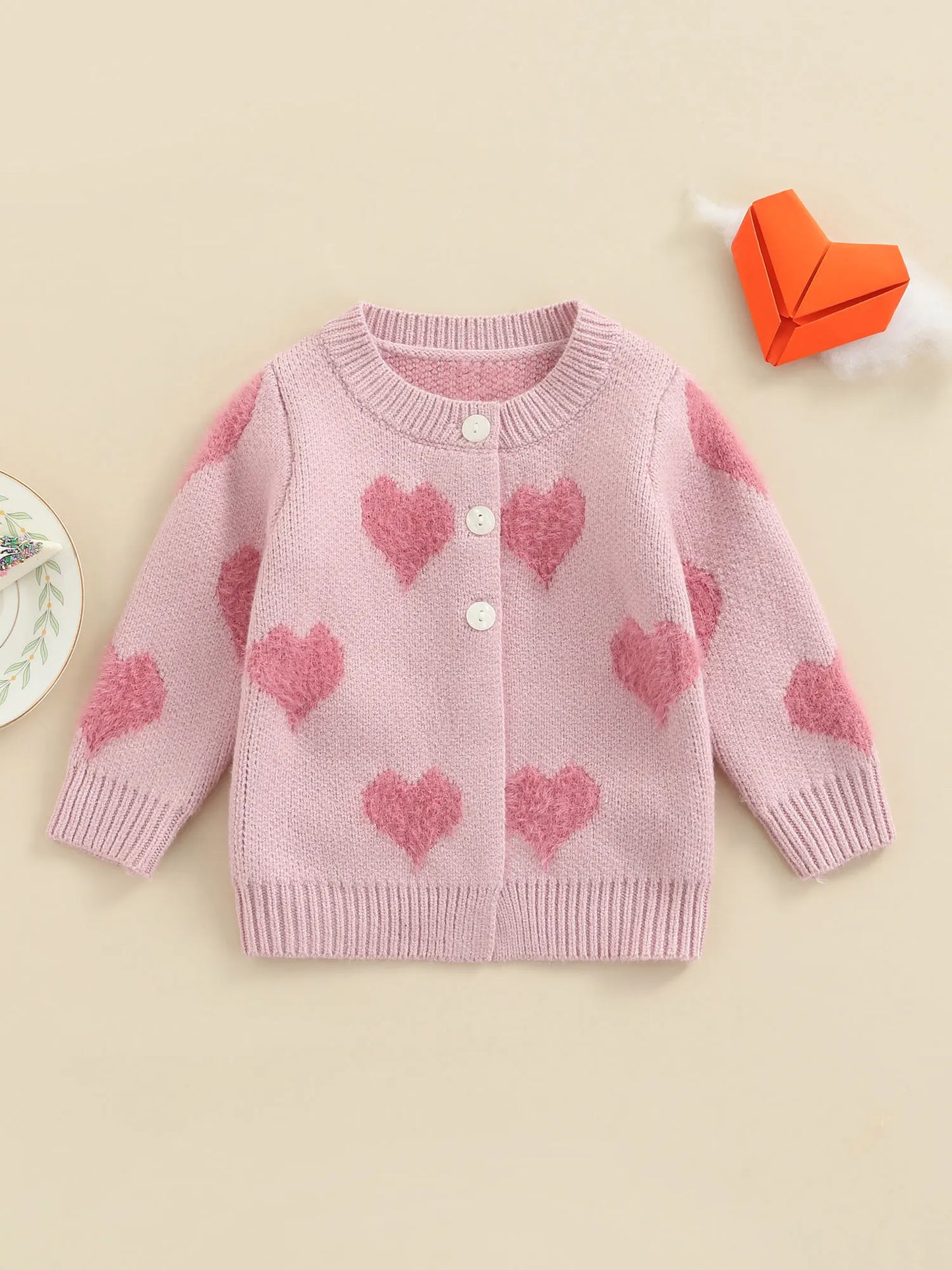 Adorable Newborn Knit Cardigan Sweater Coat Infant Toddler Girl Boy Heart Pattern Long Sleeve Button Closure Jacket Top