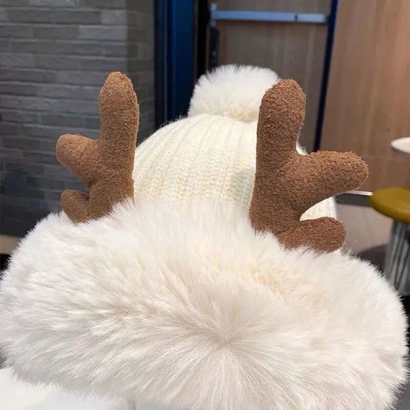 Winter Cute Reindeer Warm Hat Women Beanies Windproof Cap Student Women Add Wool Cap Female Hat Present Girls Christmas Gifts