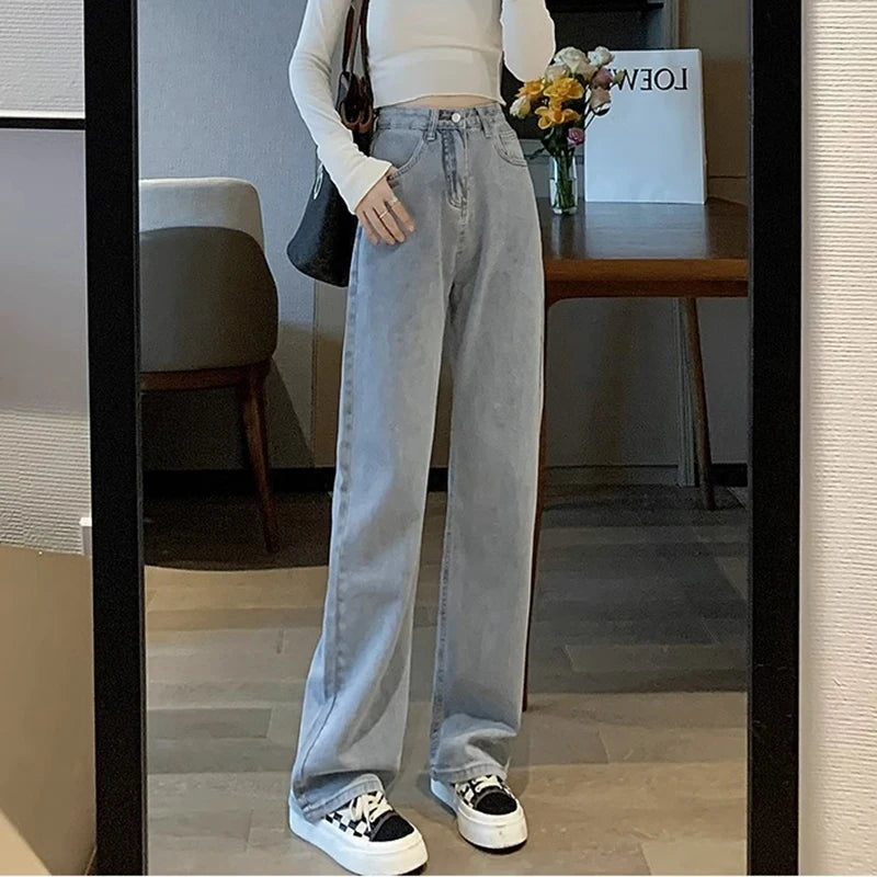 Woman Vintage Wide Leg Jeans Girls High Waist Pants Female Fashion Black Black Grey Retro Blue Light Blue Pink Denim Trousers