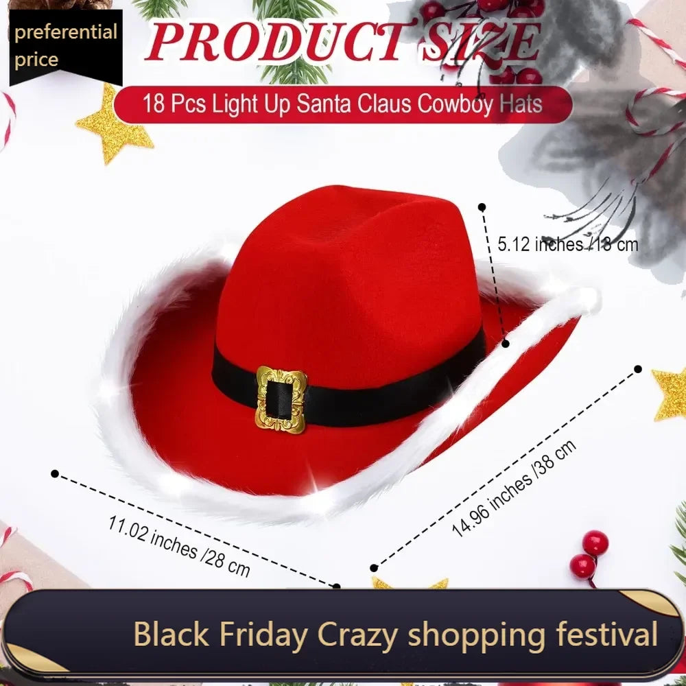 Suhine Christmas Cowboy Hats Santa Claus Light up Hats LED Lights Cowgirl Hats Bulk for Xmas Party Western Costume Accessory