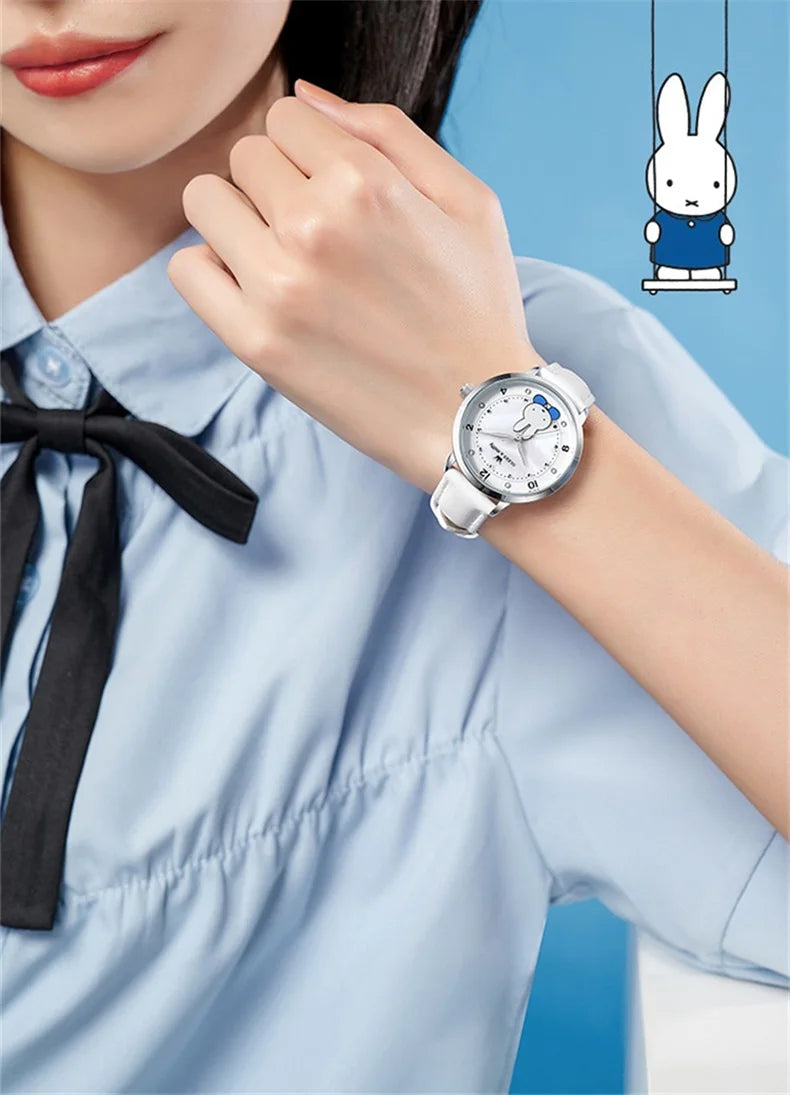 OLEVS & Miffy Joint Edition Women's Watches Casual Cute Style Original Quartz Watch for Girl Leather Strap Box Gift for Kids