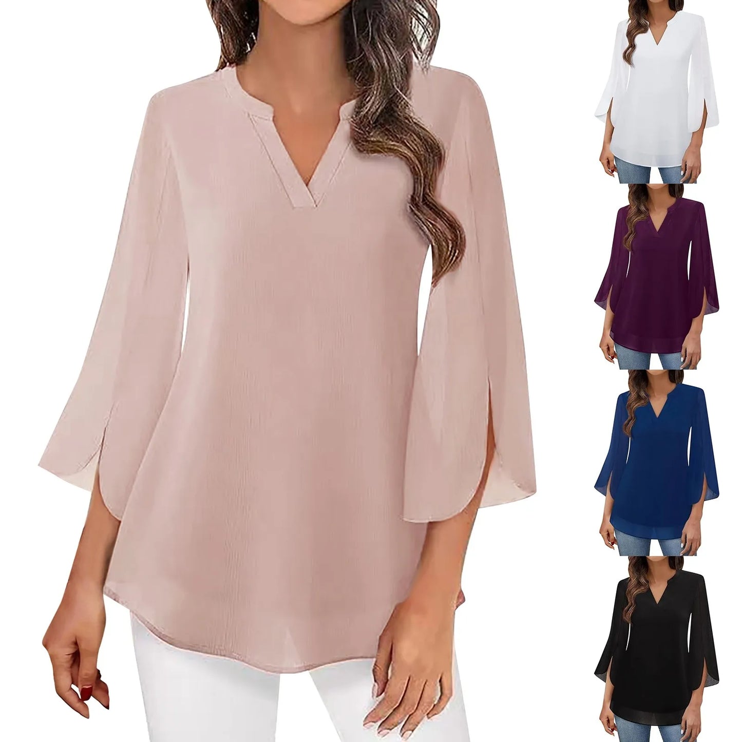 Women'S Blouse Chiffon Short-Sleeved Elegant Daily Top Flowy Elegant Casual Summer New Solid Color V-Neck Chiffon Shirt 2024