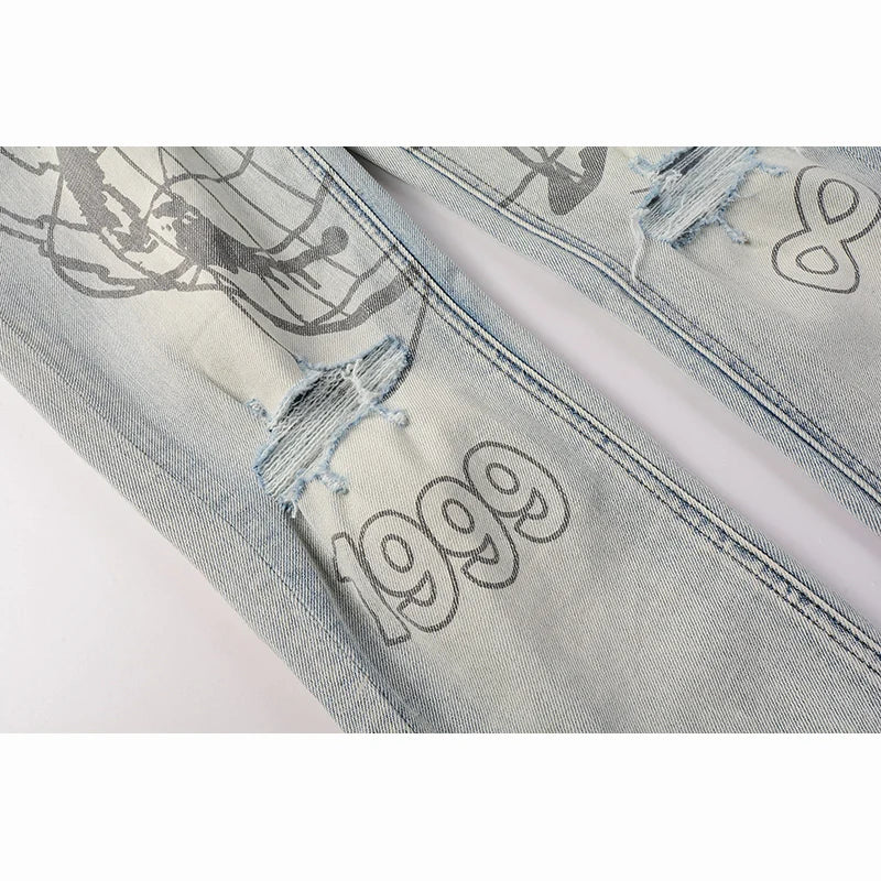 Men's Distressed Light Indigo High Street Skinny Brand High Quality Ripped Jeans