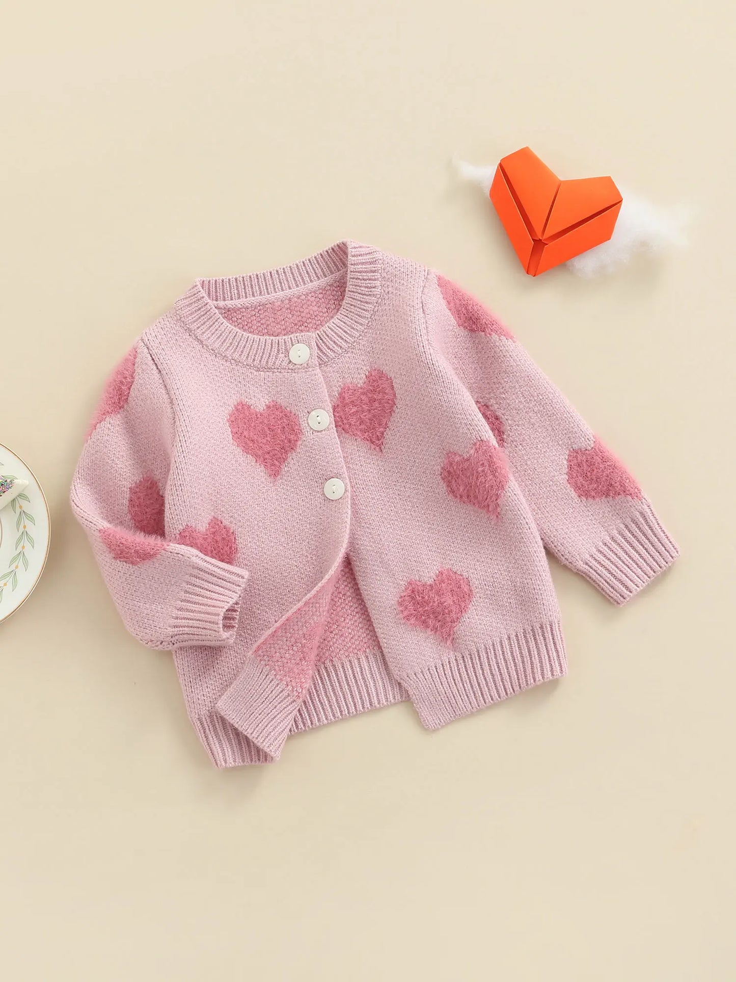 Adorable Newborn Knit Cardigan Sweater Coat Infant Toddler Girl Boy Heart Pattern Long Sleeve Button Closure Jacket Top