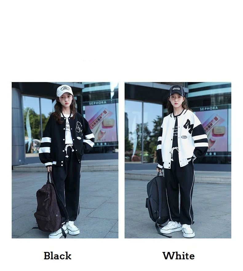 Girls Contrast Alphabet Single-breasted Sweat Varsity Jacket+Drawstring Sweatpant Set School Kids Tracksuit Child Outfit 3-14Yrs