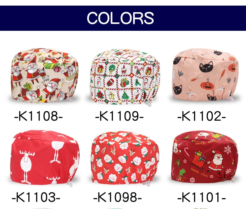 Santa Claus Print Surgical Caps Christmas Scrub Hats Dental Hospital Nurse Headwear Durable Medical Caps Soft Cotton K1093