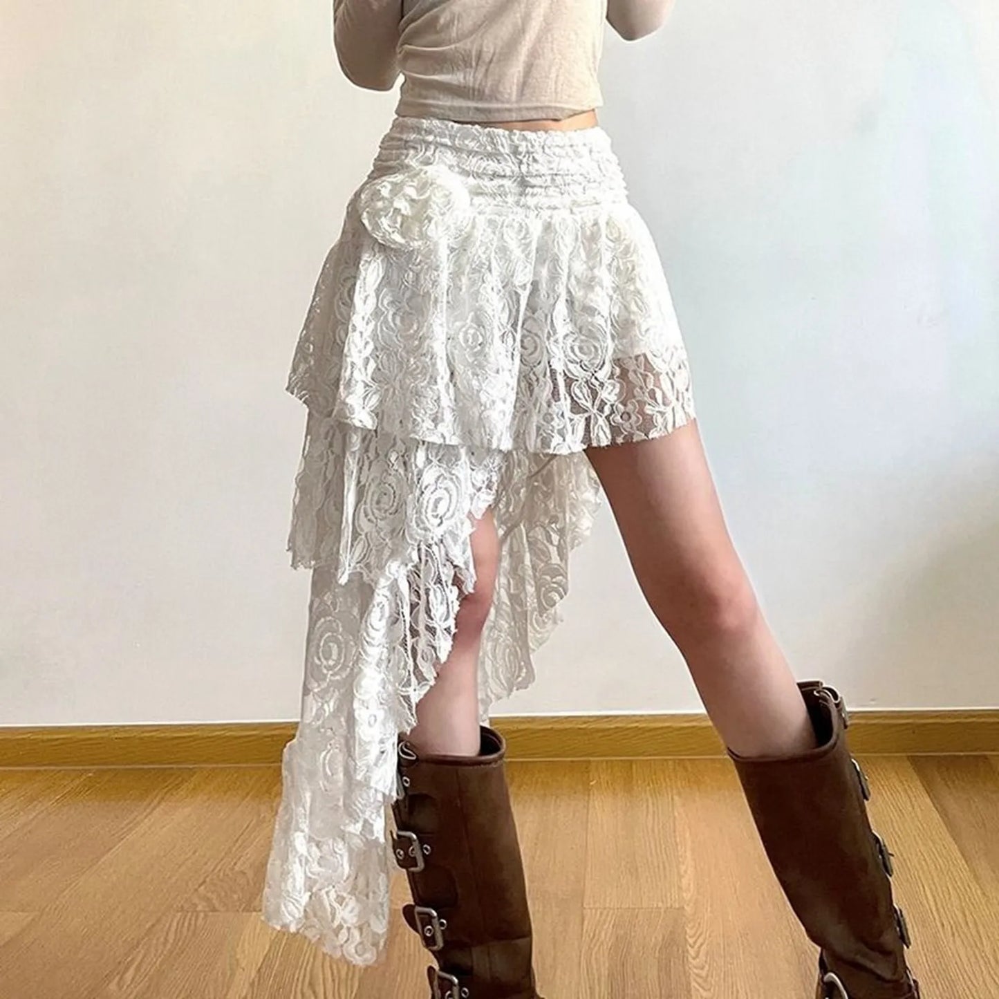 French Style Bohemian Asymmetrical Women's Lace Mini Skirt Gothic Vintage Floral Hollow Out Vacation Skirts Sexy Eleagnt Fadals