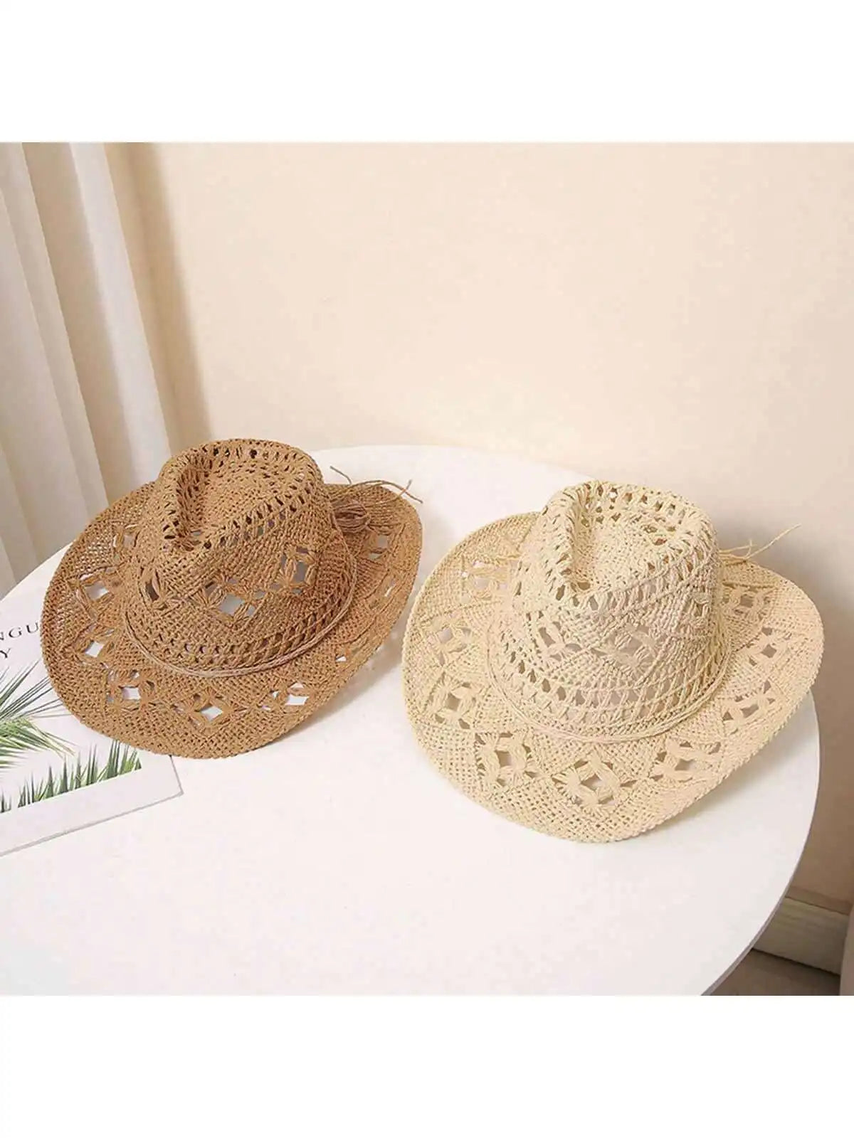 1pc Straw Cowboy Hat Women Men Western Cowboy Hats Wide Brim Hollow Breathable Unisex Sun Beach Hat