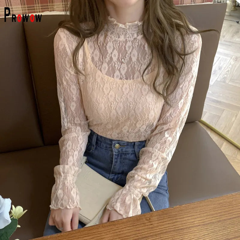 Prowow Sexy See Through Lace Flower Women's Blouse Shirts Long Sleeve Spring Summer Thin Crop Tops Clothes Basic Female Outfits