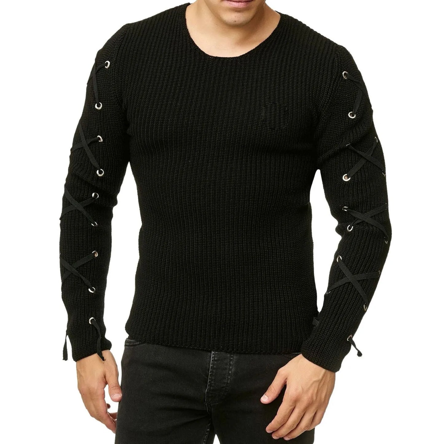 Metal Hole Sleeve Men's Pullover Sweater O Neck Knitted Solid Casual Men's Clothing Sweaters Male Jumper Streetwear Pullover