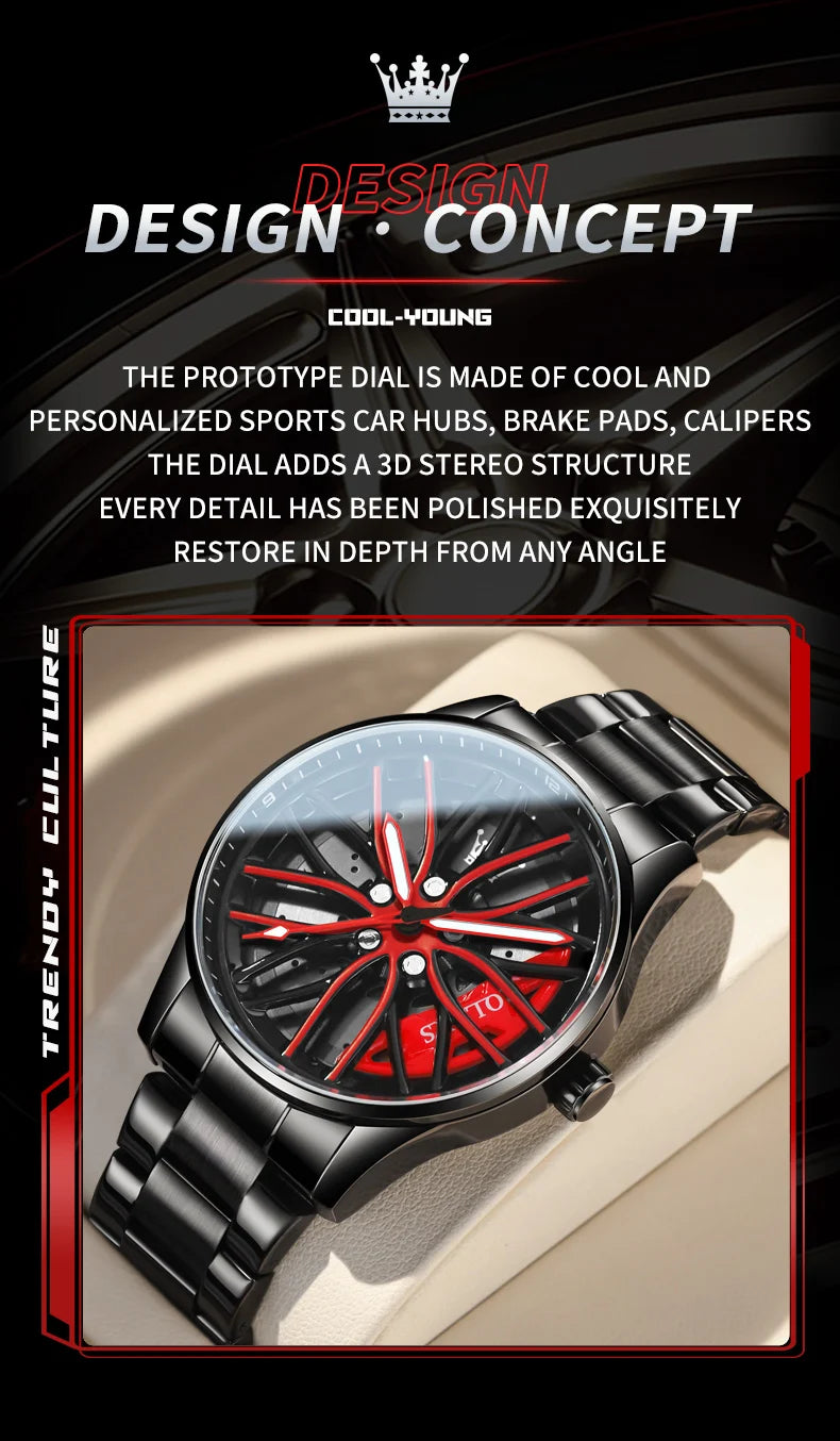 OLEVS Wheel Men's Luxury Watch Waterproof Rotary Sport Car Rim Man Watch High Quality Fashion Best Selling Quartz Men's Watches