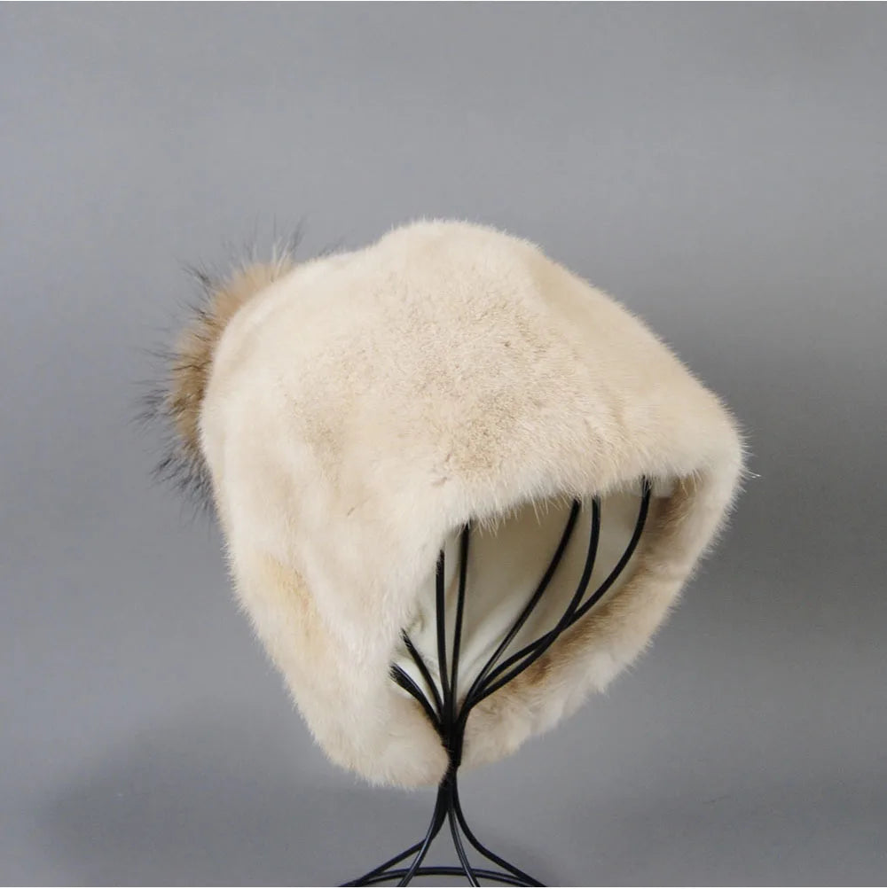 2023 Winter Real Natural Mink Fur Fox Hat for Women Thicken Warm Casual Pom New High Quality Girl Bobble  Christmas Knitted Cap